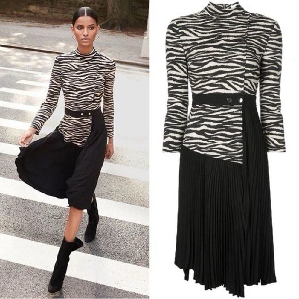 ALC Peyton Tiger Zebra Animal Stripe Print Black Pleated Midi Dress 6